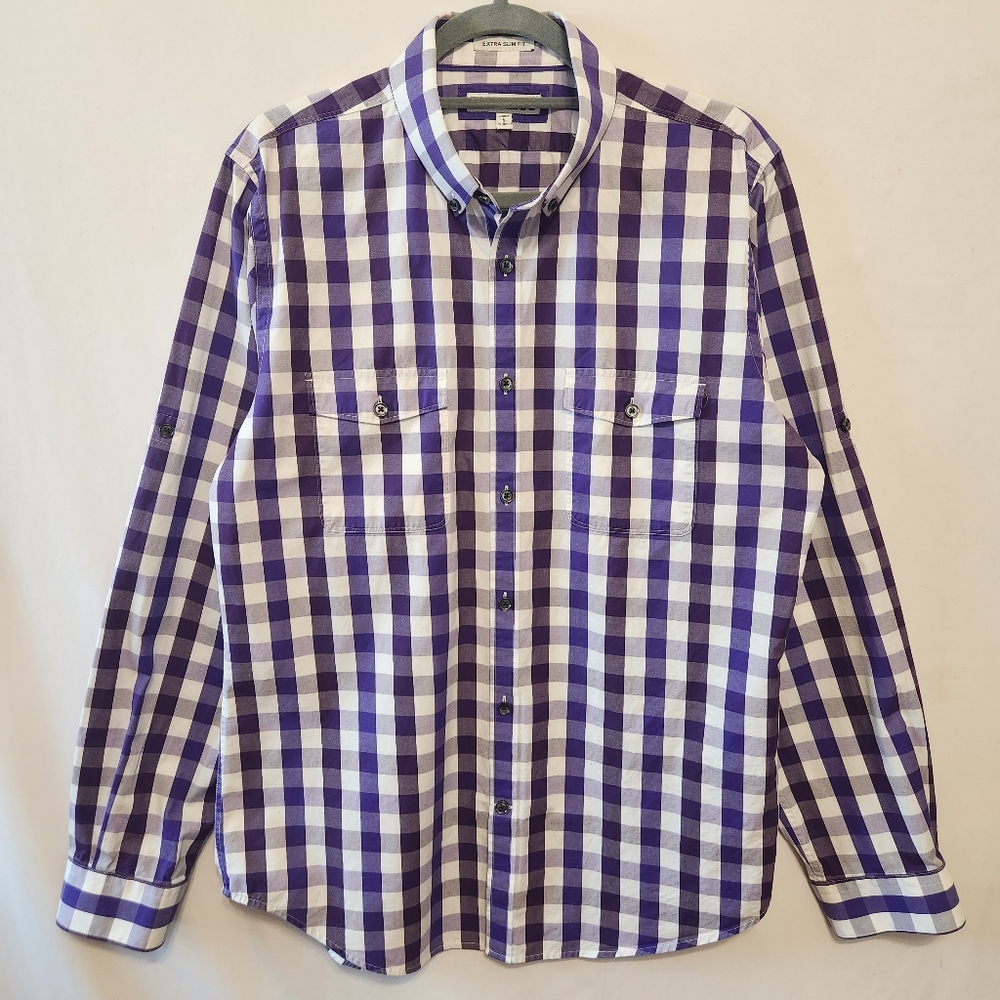 Express Purple & White Plaid Long Sleeve Button Down Shirt